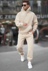 تصویر ست لباس ورزشی مردانه هودی و شلوار کلاه دار رنگ کرم 