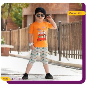 تصویر تیشرت شلوارک پسرانه طرح اتوبوس حیوانات کد 935 Boys' t-shirt with animal bus design 935