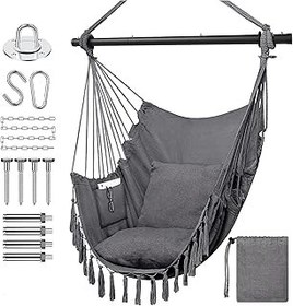 تصویر صندلی Hammock Fohome Hammock Hanging Rope ، حداکثر 330 پوند ، 2 کوسن شامل ، صندلی آویزان بزرگ با جیب ، پارچه پنبه ای برای راحتی برتر ، حیاط خلوت دوام و عرشه (خاکستری) Fohome Hammock Chair Hanging Rope Swing, Max 330 Lbs, 2 Cushions Included, Large Macrame Hanging Chair with Pocket, Cotton Weave for Superior Comfort, Durability Backyard and Deck (Grey)