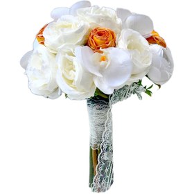 تصویر دسته گل مخلوط عروس ترکیب گل رز ابریشمی و ارکیده لمسی کد 2032 