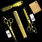 تصویر ست 4 تکه قیچی آرایشگری فینی کات و کوتاهی/پیتاژ 6 اینچ همراه برس و شانه طلایی و مشکی Kretzer Hair Finny FSG8-60 