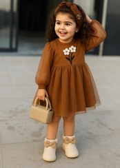 تصویر پیراهن دخترانه مدل گل آستین تور 