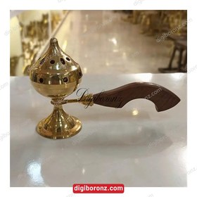 تصویر اسپند دودکن برنجی برنزی هندی دسته چوبی 7 اینچ 7 inch wooden handle Indian brass smoke pewter