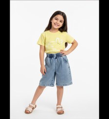 تصویر ست تی‌شرت آستین کوتاه و شلوارک دخترانه مدل خرگوش رنگ زرد 