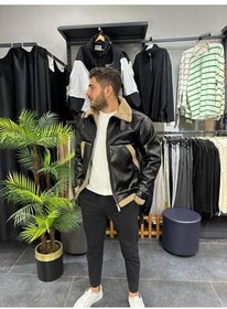 تصویر کاپشن کت چرمی مشکی با جزئیات جیب خزدار MODA 