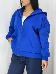 تصویر سویشرت کلاهدار دورس سه‌ نخ جلوزیپ فری‌سایز گرم - آبی پررنگ 