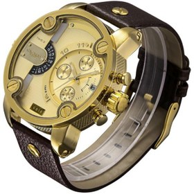 تصویر CAGARNY 6818 Fashionable DZ Style Large Dial Dual Clock Quartz Movement Sport Wrist Watch with Leather Band & Calendar Function for Men(Brown Band Gold Case) 