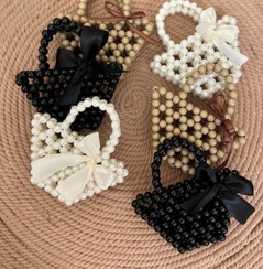 تصویر کیف مرواریدی دسته چوبی زنانه و دخترانه مدل فانتزی روبان‌دار - مشکی pearl bag wood handle