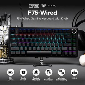تصویر کیبورد مکانیکال 75% AULA F75 ( رنگ کلید مشکی ) سوییچ BLUE EPOMAKER Aula F75-Wired 75% Gaming Keyboard with Knob, Shine Through ABS Keycap, Gasket Structure, Programmable, Hot Swappable Creamy Mechanical Keyboard BLUE SWITCH (Black)