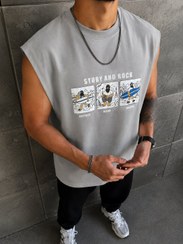 تصویر وست مردانه طرح ملوان Story And Rock پارچه دونخ لاکرا قواره باکسی Story And Rock Oversized Sleeveless T-Shirt Double Knit Lycra