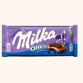 تصویر شکلات تخته ای شیری ساندویچ بیسکوییت اورئو میلکا 92 گرمی Oreo Milka milk chocolate sandwich biscuit 92 gr