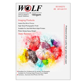 تصویر کاغذ A4 ولف براق 180 گرم 50 عددی (WOLF PAPER A4 GLOSSY 180 gr 50 SHEETS) 