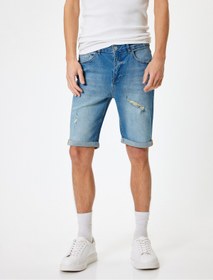 تصویر شلوارک جین باریک با دکمه کاف تاشو برمودا 