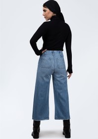 تصویر شلوار واید لگ زاپ‌دار آبی وسط ۵۲۱۵۲۵ Mid Blue Ripped Wide-Leg Pants Royal Jeans