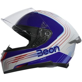 تصویر کلاه کاسکت موتورسیکلت آبی B 507 ایمنی موتور سیکلت صورت کامل FF04 سفید BLUE RED beon 