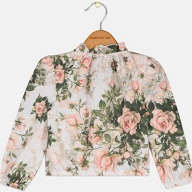 تصویر بلوز آستین بلند دخترانه با یقه گرد و طرح گل، ترکیب سفید و سبز برند chaser Kids Girl Crew Neck Long Sleeves Floral Pattern Tops, White/Green Combo