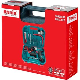 تصویر کیت دریل شارژی چکشی 12 ولت تک باتری 35 پارچه رونیکس مدل RS-8611 CORDLESS DRILL SET RS-8611