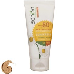 تصویر کرم ضد آفتاب رنگی شون، مدل SPF50، مناسب پوست چرب و تنالیته رنگ متوسط و حجم 50 میلی‌لیتر، محافظت کننده در برابر اشعه UVA،IRو UVB، فاقد چربی، ضد التهاب، دارای رنگ طبیعی، بافت سبک و جذب سریع، ضد لک، با ماندگاری 2 ساعته 