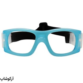 تصویر عینک طبی ورزشی با فریم آبی رنگ و بند مشکی برای فوتبال، والیبال، بسکتبال، فوتسال و هندبال مدل HY070 
