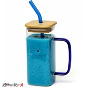 تصویر ماگ اسموتی مربعی دسته دار درب بامبو نی دار آبی 