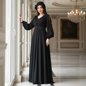 تصویر لباس مجلسی زنانه و دخترانه ، ماکسی مجلسی مدل آوینا، لباس بلند مجلسی پوشیده سایز ۴۰ الی ۵۰ 