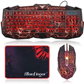 تصویر صفحه کلید بازی BlueFinger Backlit Gaming و ماوس دسته کوچک موسیقی جیبی ، کیبورد موس و کیبورد موس ، سیم کابل USB ، 114 کلید درخشان ، 3 رنگ آبی / قرمز / بنفش کرک با نور پس زمینه ، بسته نرم افزاری موس برای صفحه کلید برای رایانه های شخصی بازی Office Office 