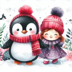 تصویر بک گراند کودکانه دوستی دختر ناز و پنگوئن دوست داشتنی-کد 41134(ویژه عکس گراف) 