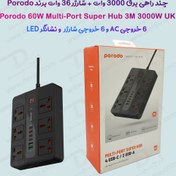 تصویر 6 راهی برق + خروجی فست شارژ 36 وات USB-A و USB-C برند Porodo مدل PD-FWCH009-3M-BK Porodo 6 AC 2 USB-A 24W & 4 USB-C PD 36W Multi-Port Super Hub 3M 3000W UK