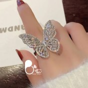 تصویر انگشتر پروانه فول نگین رنگ نقره ای 