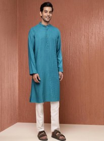 تصویر بلوز بلند پنتاکس ابریشمی ویسکوز در رنگ آبی فیروزه‌ای برند fabindia Teal Viscose Silk Pintucks Long Kurta