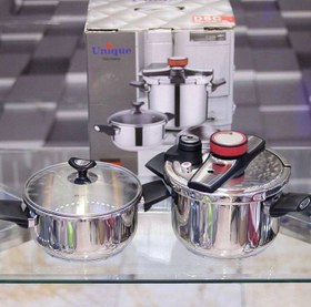 تصویر زودپز دوقلو یونیک ظرفیت ۴ و ۶ لیتر استیل روگازی 