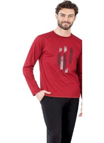 تصویر ست پیژامه مردانه آستین بلند گردن گرد رنگ قرمز زرشکی مدل 6063 برند Pierre Cardin 6063 Men's Claret Red Long Sleeve Round Neck Pajama Set