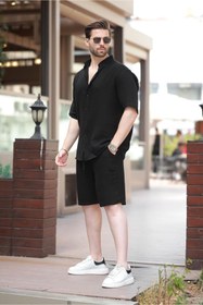 تصویر Siyah Basic Erkek Şort Gömlek Takım E7321 | Madmext | اورجینال 