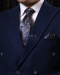 تصویر کراوات و دستمال جیب مردانه NESEN | طرح برگ نقره‌ای T245 