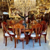 تصویر میز ناهارخوری گرد قهوه ای معرق ظرفیت ۱۰ نفر 