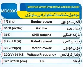 تصویر کولر آبی پوشالی مشهد دوام مدل MD-6000 روبروزن کولر آبی مشهد دوام مدل MD600 با ظرفیت 6000، دارای رتبه مصرف انرژی B، از نوع پوشالی، دارای پمپ تخلیه، برق مصرفی این کولر تک فاز است