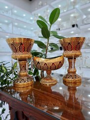 تصویر ست سه تیکه شمعدان و کشکول کریستال طلاکوب طرح کاستل رنگ قرمز با طلاکاری هلند 