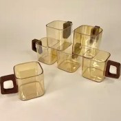 تصویر شات قهوه پیرکس دسته چوبی مربع شامپاینی 6 عددی 