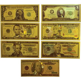 تصویر مجموعه 7 عددی اسکناس دلار آمریکا روکش آب طلا 