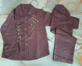 تصویر شومیز شلوار ست دخترانه گلدوزی شده شانتون اعلا رنگ بنفش - سایز 