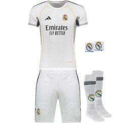 تصویر کیت باشگاهی رئال مادرید طرح امباپه فصل 2026 سایز بچگانه و بزرگسال به همراه جوراب و مچبند 