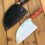 تصویر ساطور صربستانی استاد منفرد زنجان تیغه استیل درجه یک آلمانی دسته پادوک به جرات میتونم بگم بینظیرترین ساطوره باغلاف چرم 