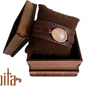 تصویر دستبند چرم با سنگ عقیق نباتی 