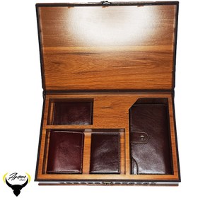 تصویر ست دو عدد جاکارتی و کیف پول کتی و کیف پول جیبی چرم طبیعی کد 175 - قهوه ای روشن Card Holder set and key holder