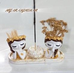 تصویر ست دکوری رومیزی کاربردی، ست جاشمعی و جاعودی، دکوری سنگی، ست جا خلالی و گلدان، مجسمه دختر 