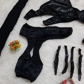 تصویر ست کاستوم مدل میسترس زنانه فانتزی ۵ تکه از جنس پارچه طرح چرم کد S208 Woman's lingerie