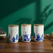 تصویر بانکه سرامیکی طرح‌دار با درب چوبی کد16 Patterned ceramic jar with wooden door code16