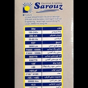 تصویر لامپ 30 وات استوانه ساروز مهتابي سرپیچ E27 