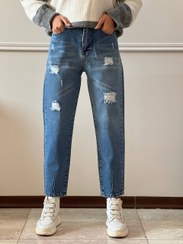 تصویر شلوار مام آبی زاپ دار 