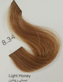 تصویر رنگ مو کد 34-8 رنگ عسلی روشن حجم 120 میل آوایی Acoustic hair color, code 8-34, volume 120 ml, light honey color